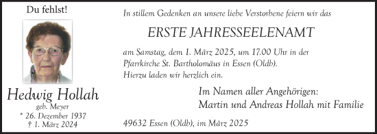 Anzeige von Hedwig Hollah von OM-Medien