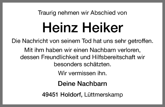 Anzeige von Heinz Heiker von OM-Medien