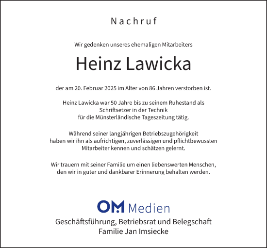 Anzeige von Heinz Lawicka von OM-Medien