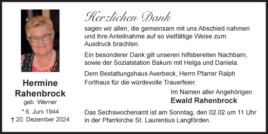 Anzeige von Hermine Rahenbrock von OM-Medien