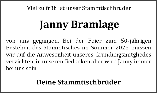 Anzeige von Janny Bramlage von OM-Medien