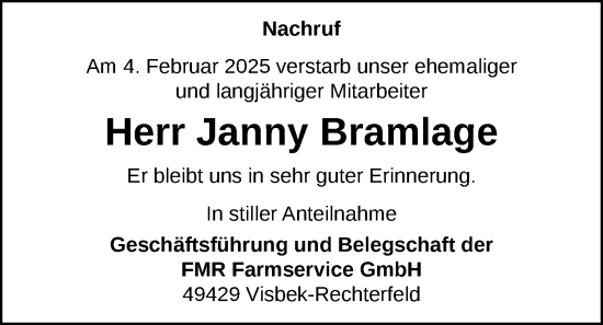 Anzeige von Janny Bramlage von OM-Medien