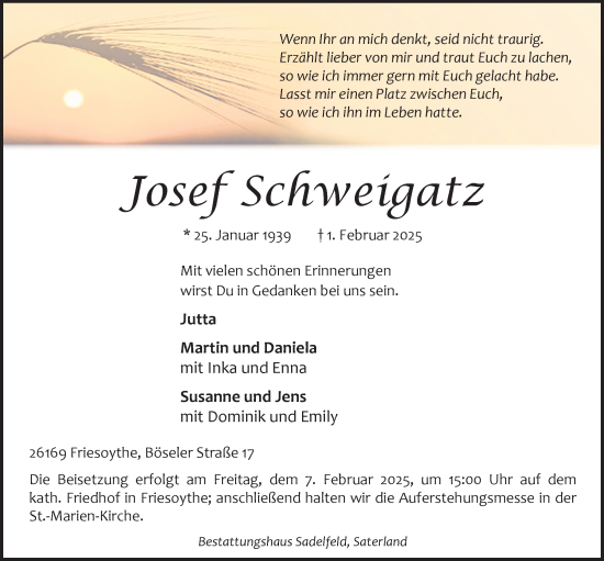 Anzeige von Josef Schweigatz von OM-Medien