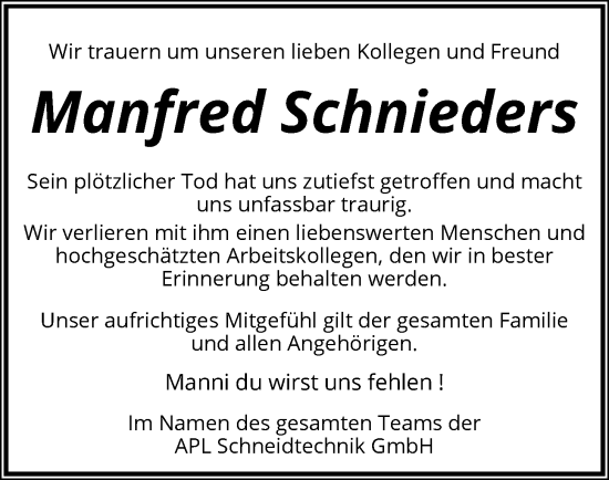 Anzeige von Manfred Schnieders von OM-Medien