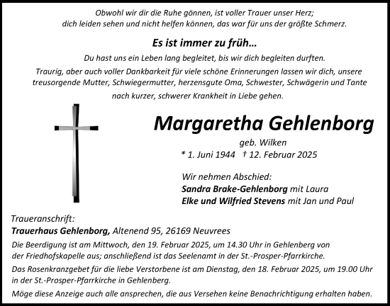 Anzeige von Margaretha Gehlenborg von OM-Medien