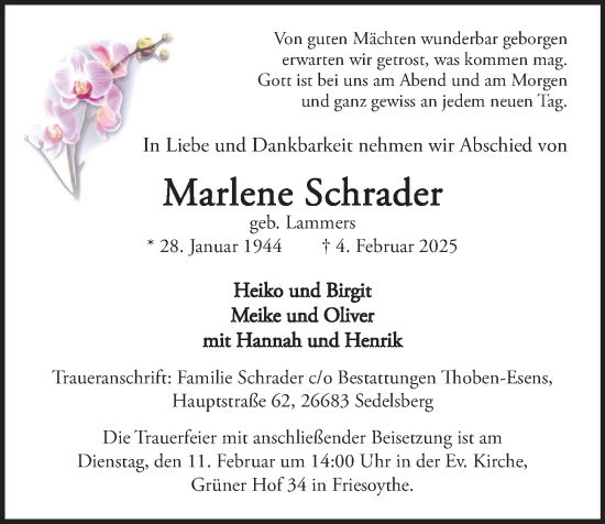 Anzeige von Marlene Schrader von OM-Medien