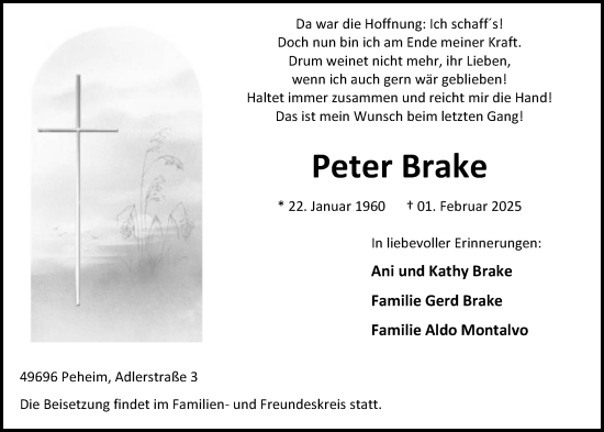 Anzeige von Peter Brake von OM-Medien