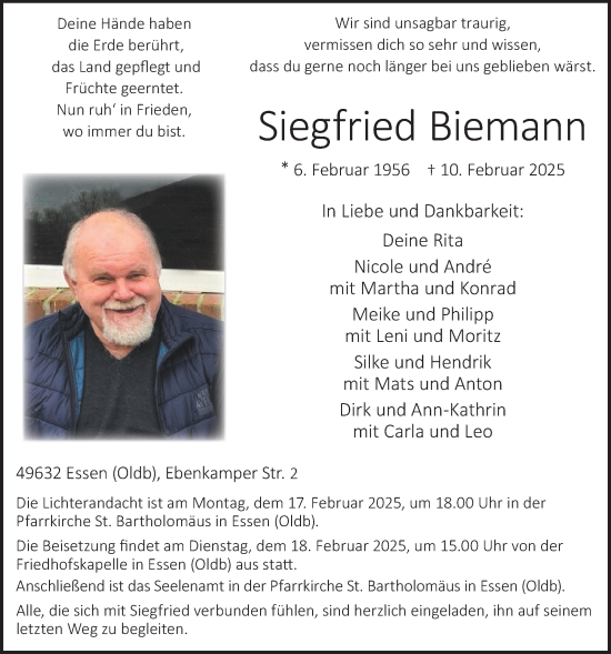 Anzeige von Siegfried Biemann von OM-Medien