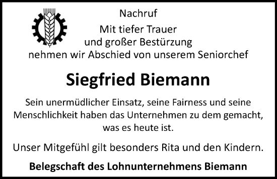 Anzeige von Siegfried Biemann von OM-Medien