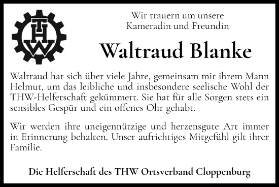 Anzeige von Waltraud Blanke von OM-Medien