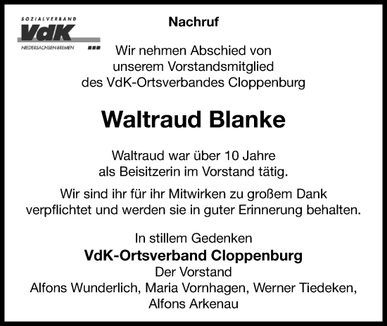Anzeige von Waltraud Blanke von OM-Medien