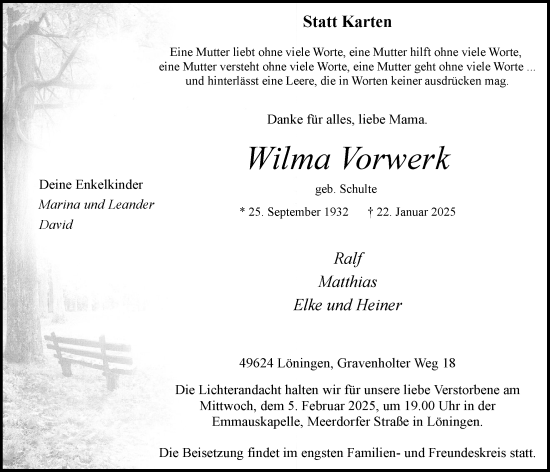 Anzeige von Wilma Vorwerk von OM-Medien