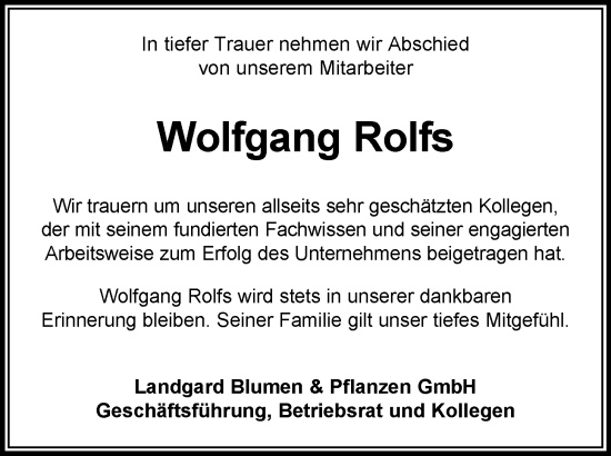 Anzeige von Wolfgang Rolfs von OM-Medien