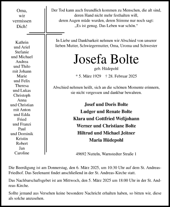 Anzeige von Josefa Bolte von OM-Medien