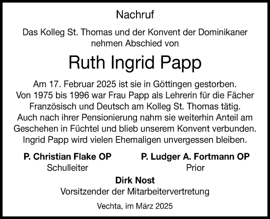 Anzeige von Ruth Ingrid Papp  von OM-Medien