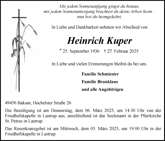 Anzeige von Heinrich Kuper  von OM-Medien