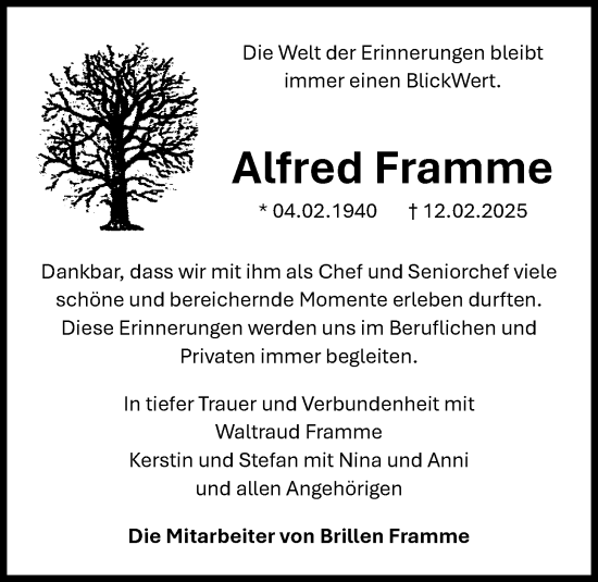 Anzeige von Alfred Framme von OM-Medien