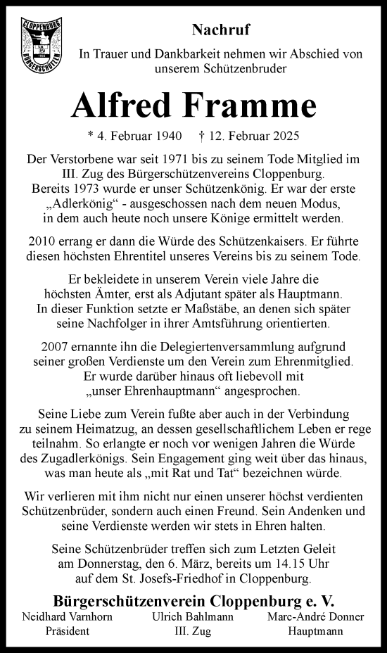 Anzeige von Alfred Framme von OM-Medien