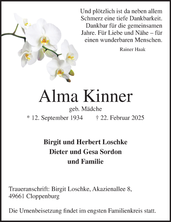 Anzeige von Alma Kinner von OM-Medien
