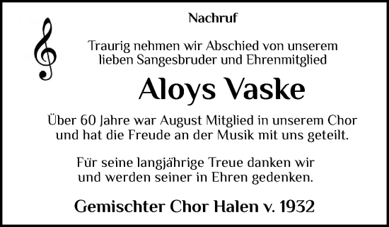 Anzeige von Aloys Vaske von OM-Medien