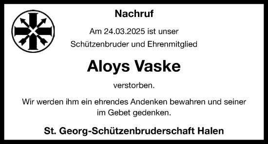Anzeige von Aloys Vaske von OM-Medien