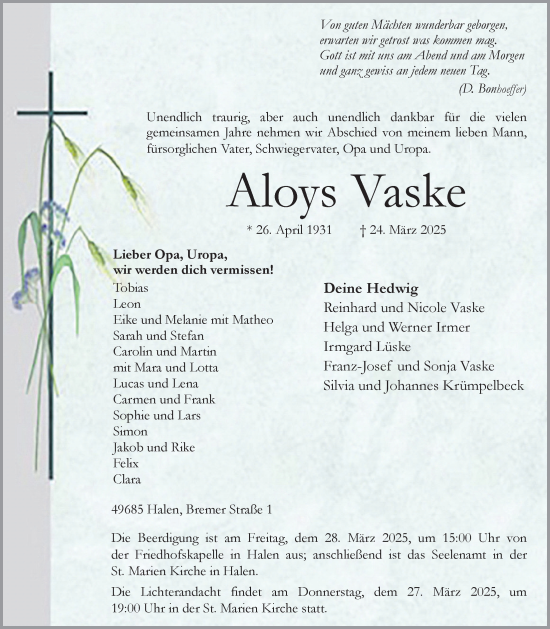 Anzeige von Aloys Vaske von OM-Medien