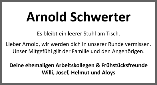 Anzeige von Arnold Schwerter von OM-Medien