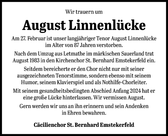 Anzeige von August Linnenlücke von OM-Medien