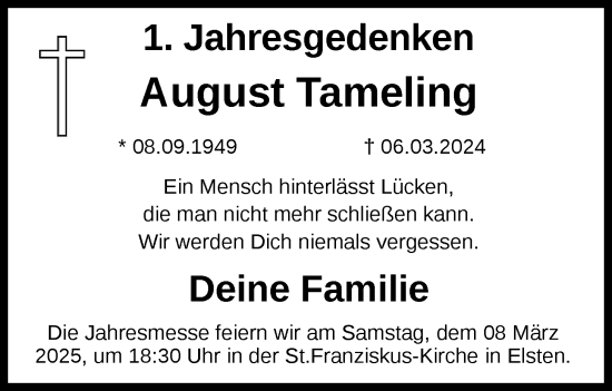 Anzeige von August Tameling von OM-Medien