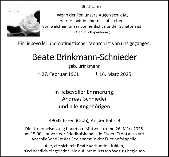 Anzeige von Beate Brinkmann-Schnieder von OM-Medien
