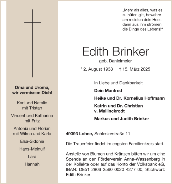 Anzeige von Edith Brinker von OM-Medien