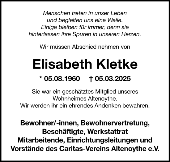 Anzeige von Elisabeth Kletke von OM-Medien