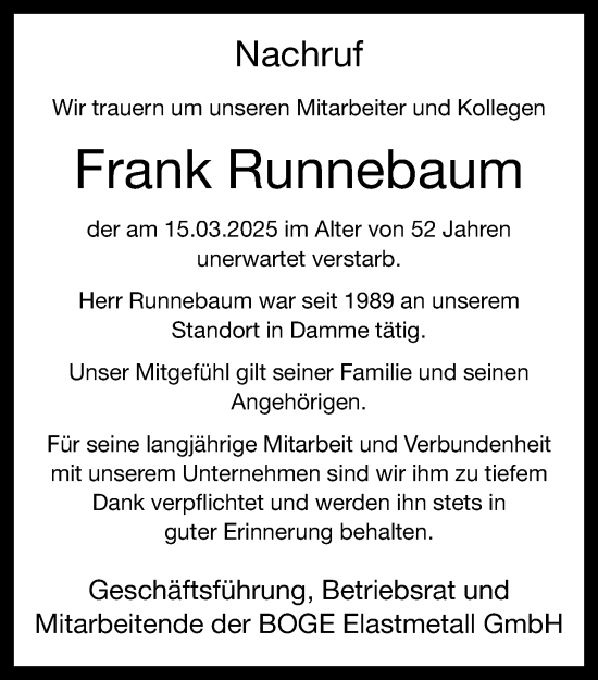 Anzeige von Frank Runnebaum von OM-Medien
