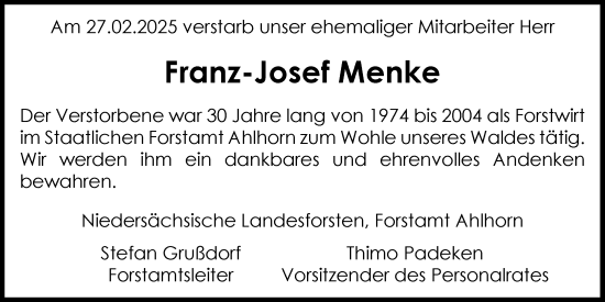 Anzeige von Franz-Josef Menke von OM-Medien