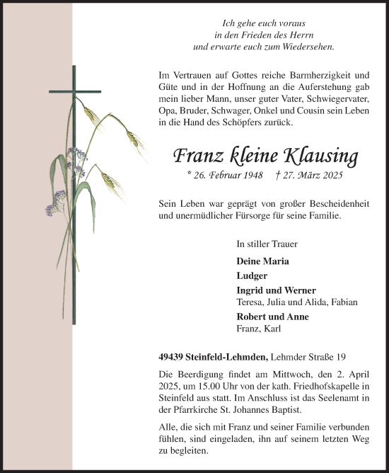 Anzeige von Franz kleine Klausing von OM-Medien