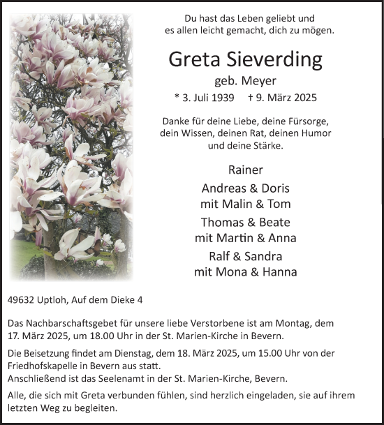 Anzeige von Greta Sieverding von OM-Medien