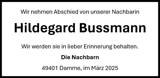 Anzeige von Hildegard Bussmann von OM-Medien