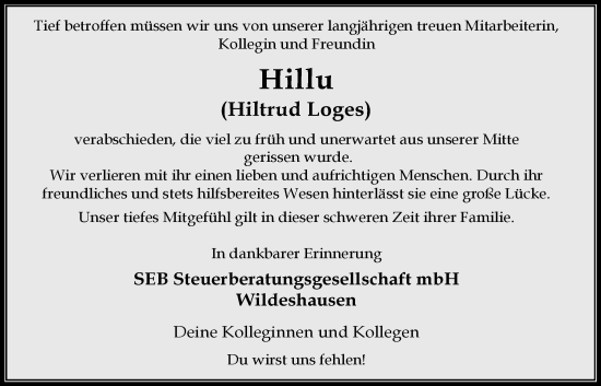 Anzeige von Hiltrud Loges von OM-Medien