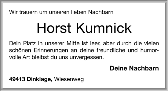 Anzeige von Horst Kumnick von OM-Medien