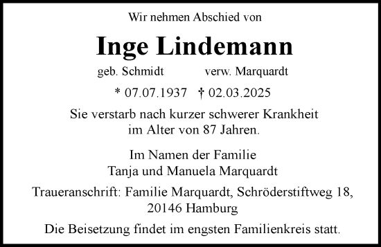 Anzeige von Inge Lindemann von OM-Medien