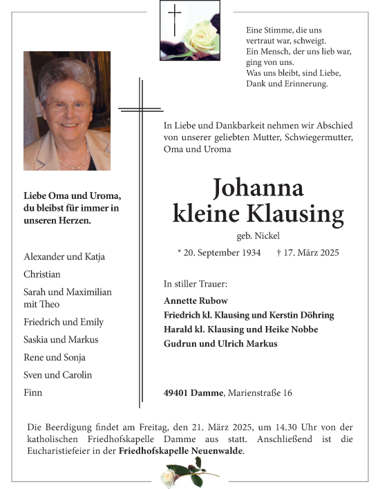 Anzeige von Johanna kleine Klausing von OM-Medien