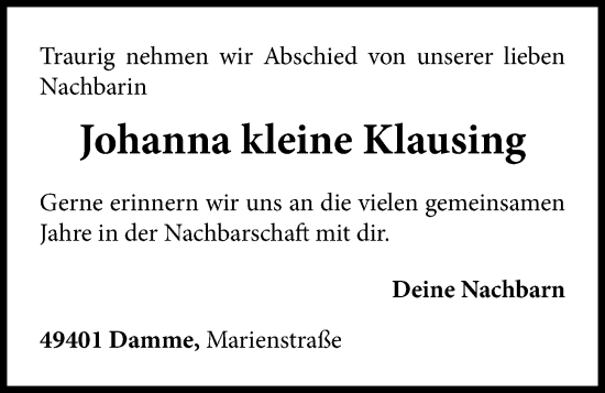 Anzeige von Johanna kleine Klausing von OM-Medien