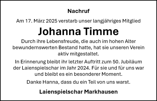 Anzeige von Johanna Timme von OM-Medien