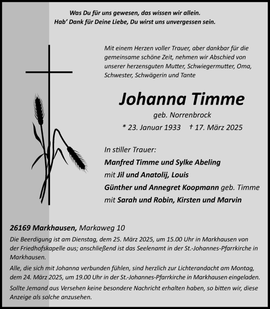 Anzeige von Johanna Timme von OM-Medien