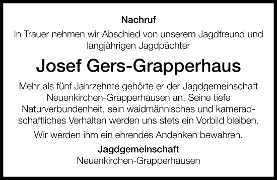 Anzeige von Josef Gers-Grapperhaus von OM-Medien