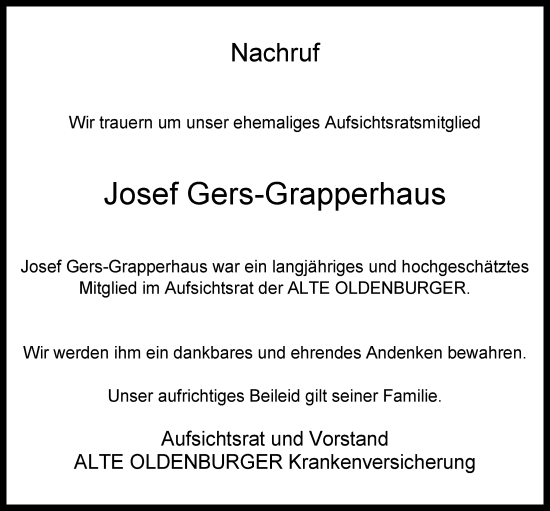 Anzeige von Josef Gers-Grapperhaus von OM-Medien