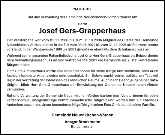 Anzeige von Josef Gers-Grapperhaus von OM-Medien