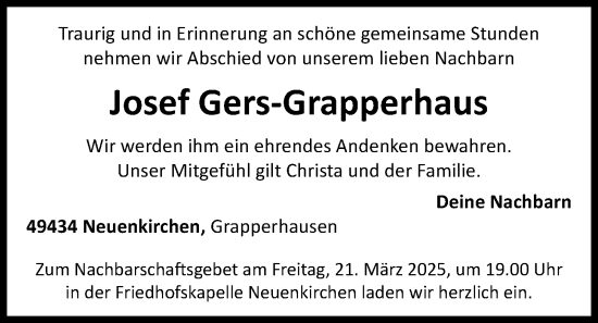 Anzeige von Josef Gers-Grapperhaus von OM-Medien