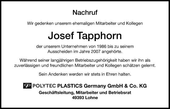 Anzeige von Josef Tapphorn von OM-Medien