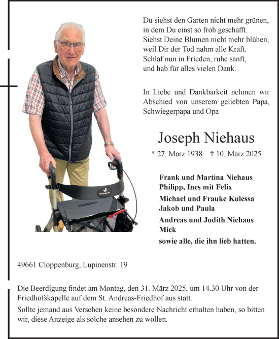 Anzeige von Joseph Niehaus von OM-Medien